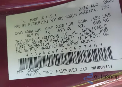 2007 Mitsubishi Eclipse Gs z USA, uszkodzony, nr VIN 4A3AK24F27E027459